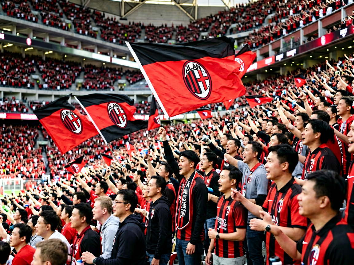 圣西罗球场内座无虚席的球迷看台，红黑旗帜飘扬